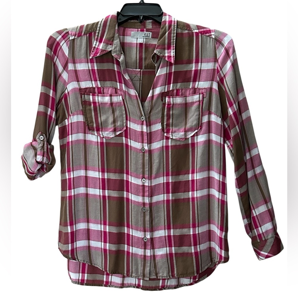 KUT From The Kloth Pink Brown Plaid Hannah Roll Tab Sleeve Button Shirt Size S - Picture 2 of 11